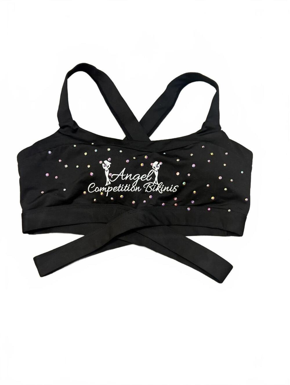 Angel Competition Bikinis Black Sports Bra Top with Rhinestone Detailing